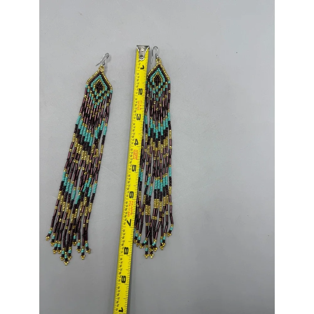 Handmade Seed Bead Fringe Earrings Turquoise Gold Dark Purple Chevron Boho 8.25